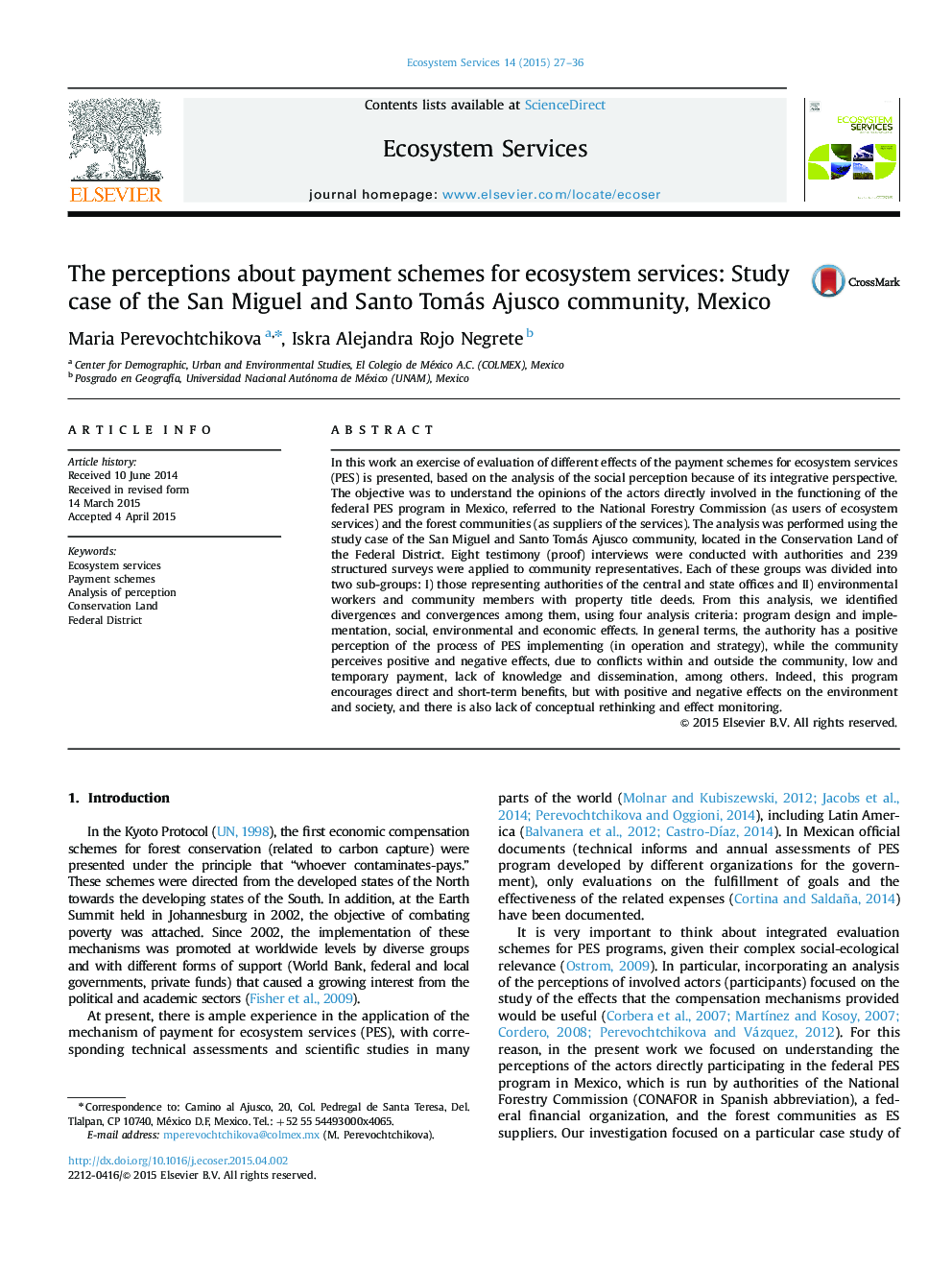 The perceptions about payment schemes for ecosystem services: Study case of the San Miguel and Santo Tomás Ajusco community, Mexico