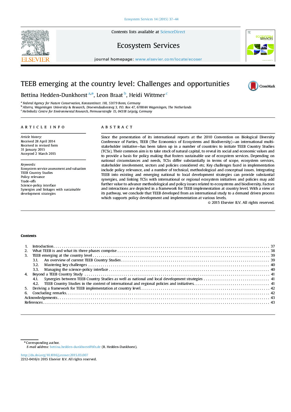 TEEB emerging at the country level: Challenges and opportunities