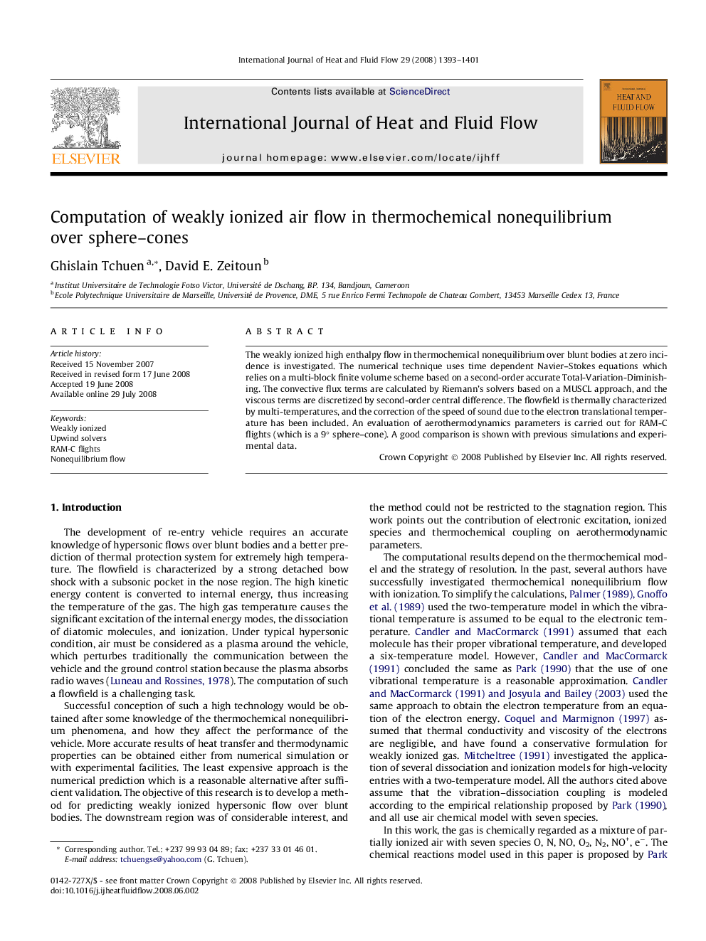 Computation of weakly ionized air flow in thermochemical nonequilibrium over sphere–cones