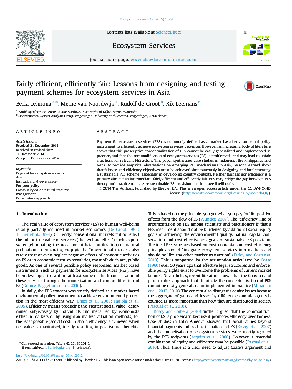 Fairly efficient, efficiently fair: Lessons from designing and testing payment schemes for ecosystem services in Asia