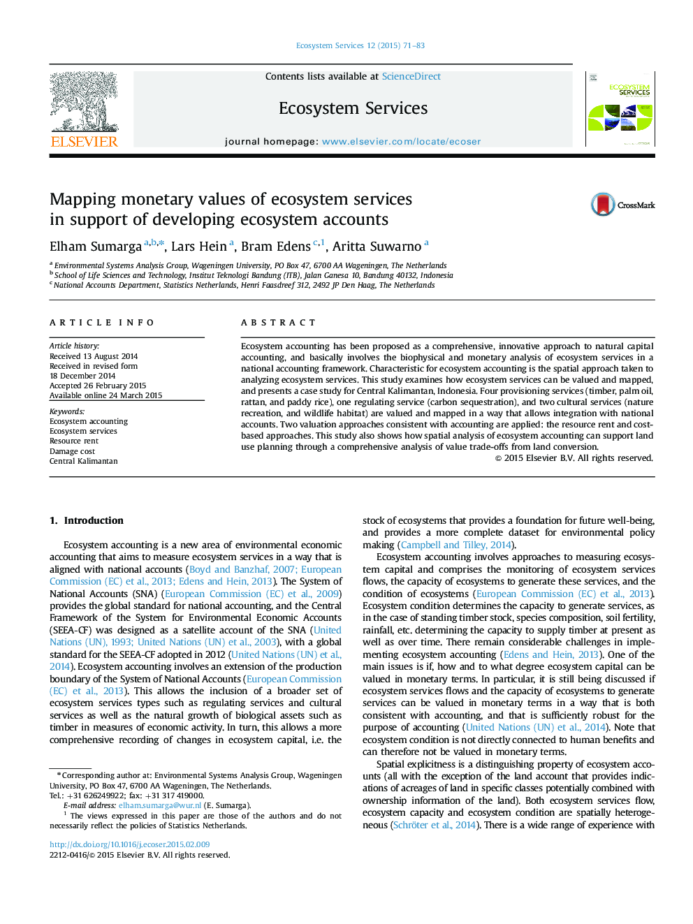 Mapping monetary values of ecosystem services in support of developing ecosystem accounts