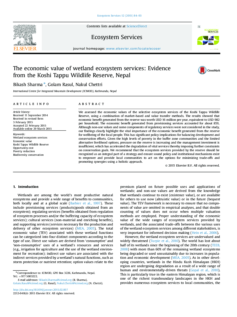 The economic value of wetland ecosystem services: Evidence from the Koshi Tappu Wildlife Reserve, Nepal