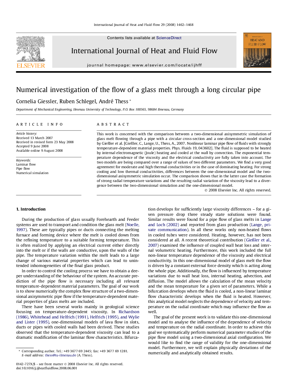 Numerical investigation of the flow of a glass melt through a long circular pipe