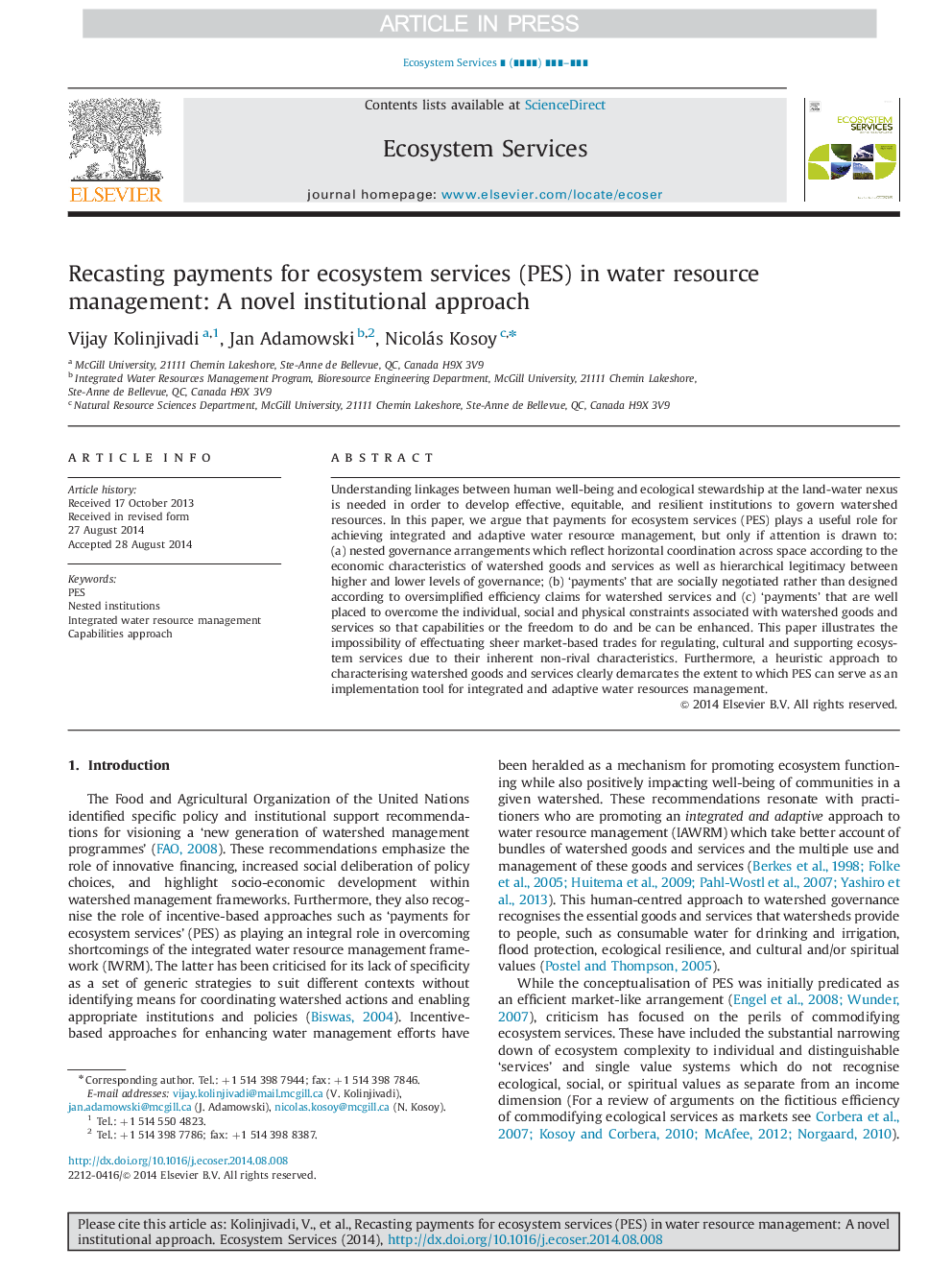 Recasting payments for ecosystem services (PES) in water resource management: A novel institutional approach