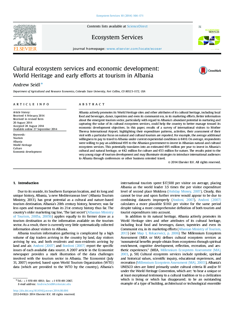 Cultural ecosystem services and economic development: World Heritage and early efforts at tourism in Albania