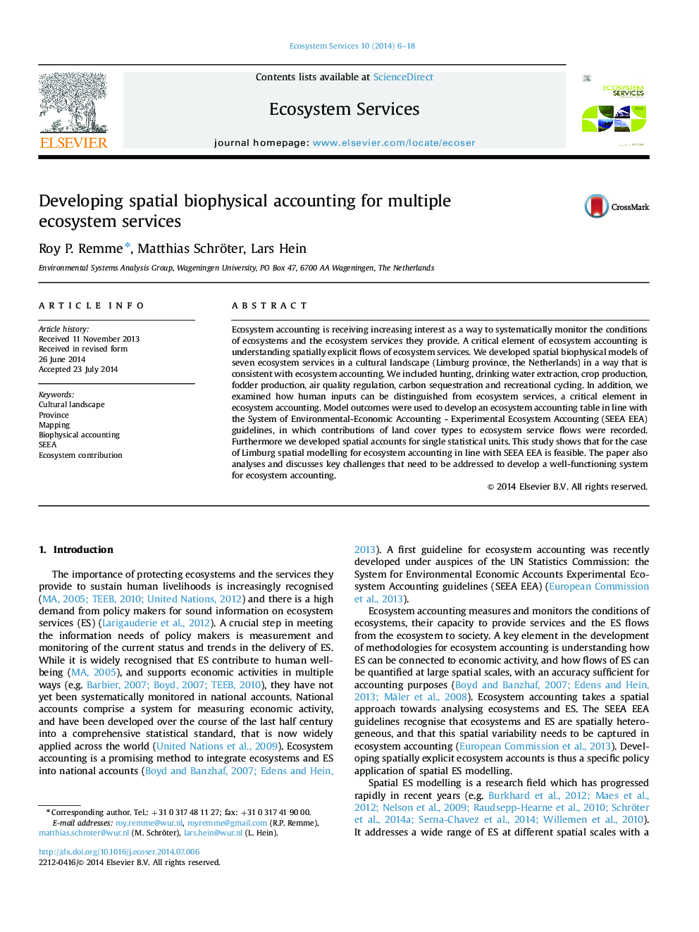 Developing spatial biophysical accounting for multiple ecosystem services