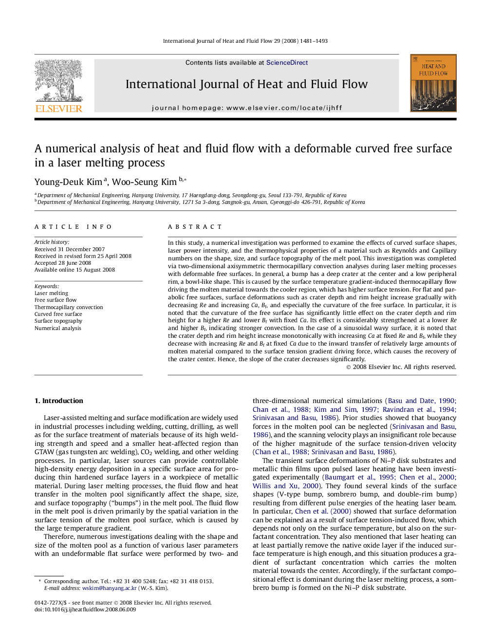 A numerical analysis of heat and fluid flow with a deformable curved free surface in a laser melting process