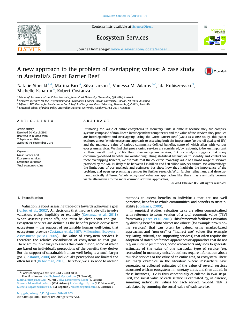 A new approach to the problem of overlapping values: A case study in Australia×³s Great Barrier Reef