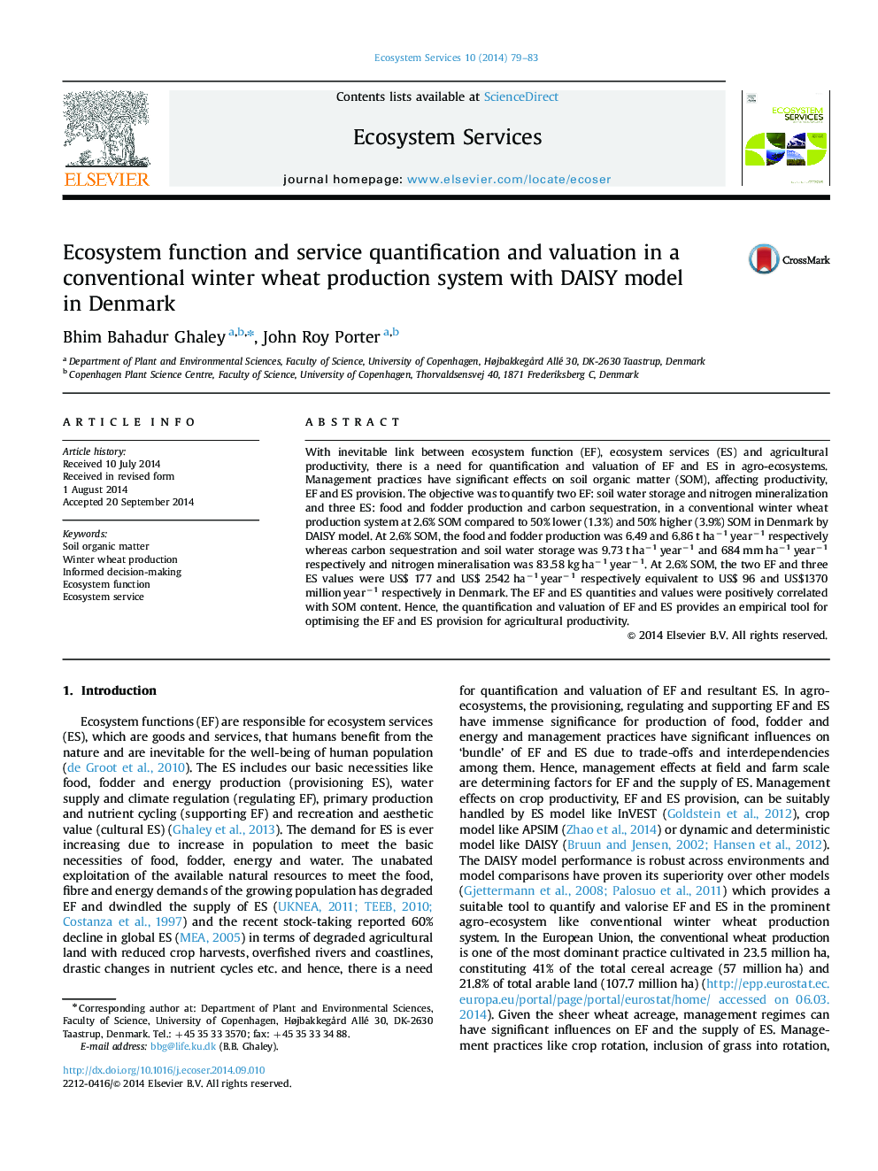 Ecosystem function and service quantification and valuation in a conventional winter wheat production system with DAISY model in Denmark