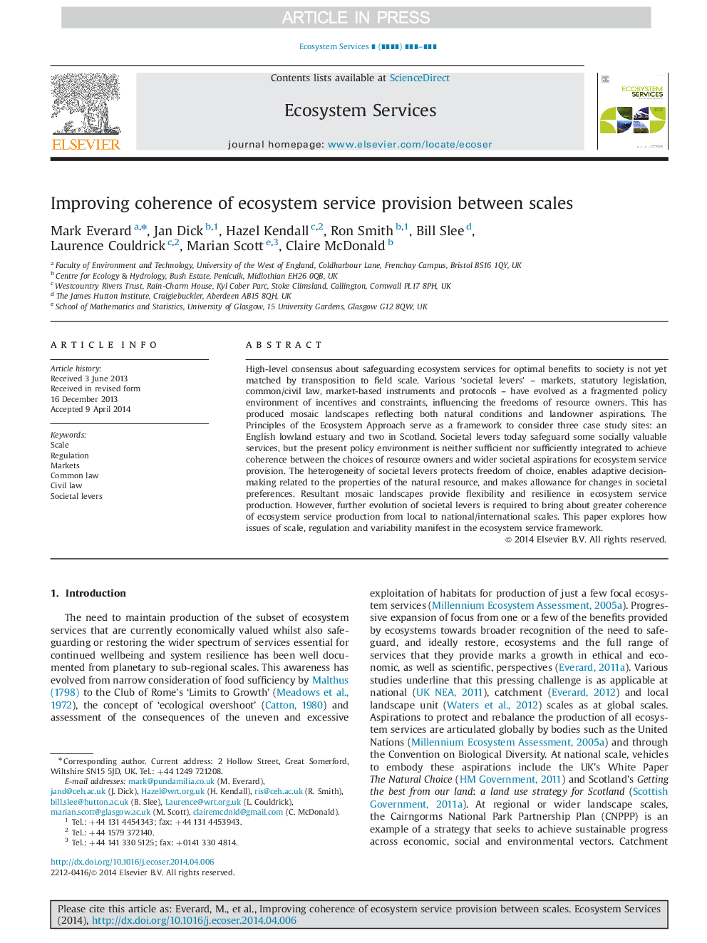 Improving coherence of ecosystem service provision between scales