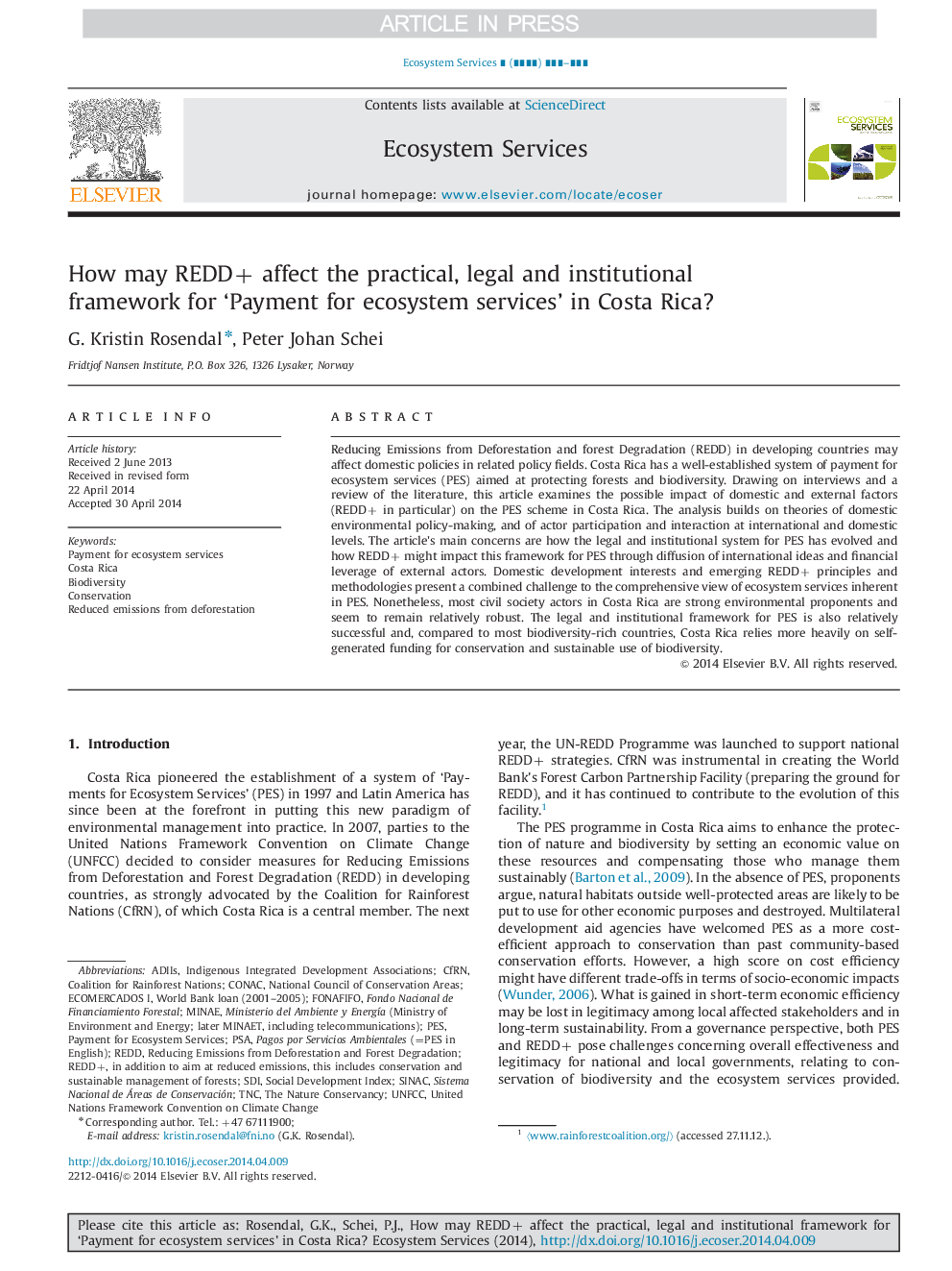 How may REDD+ affect the practical, legal and institutional framework for 'Payment for ecosystem services' in Costa Rica?