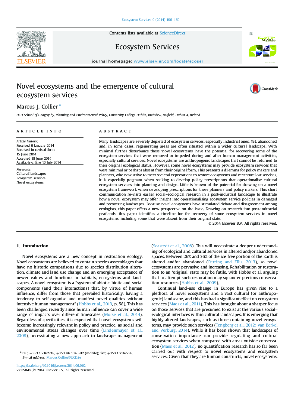 Novel ecosystems and the emergence of cultural ecosystem services