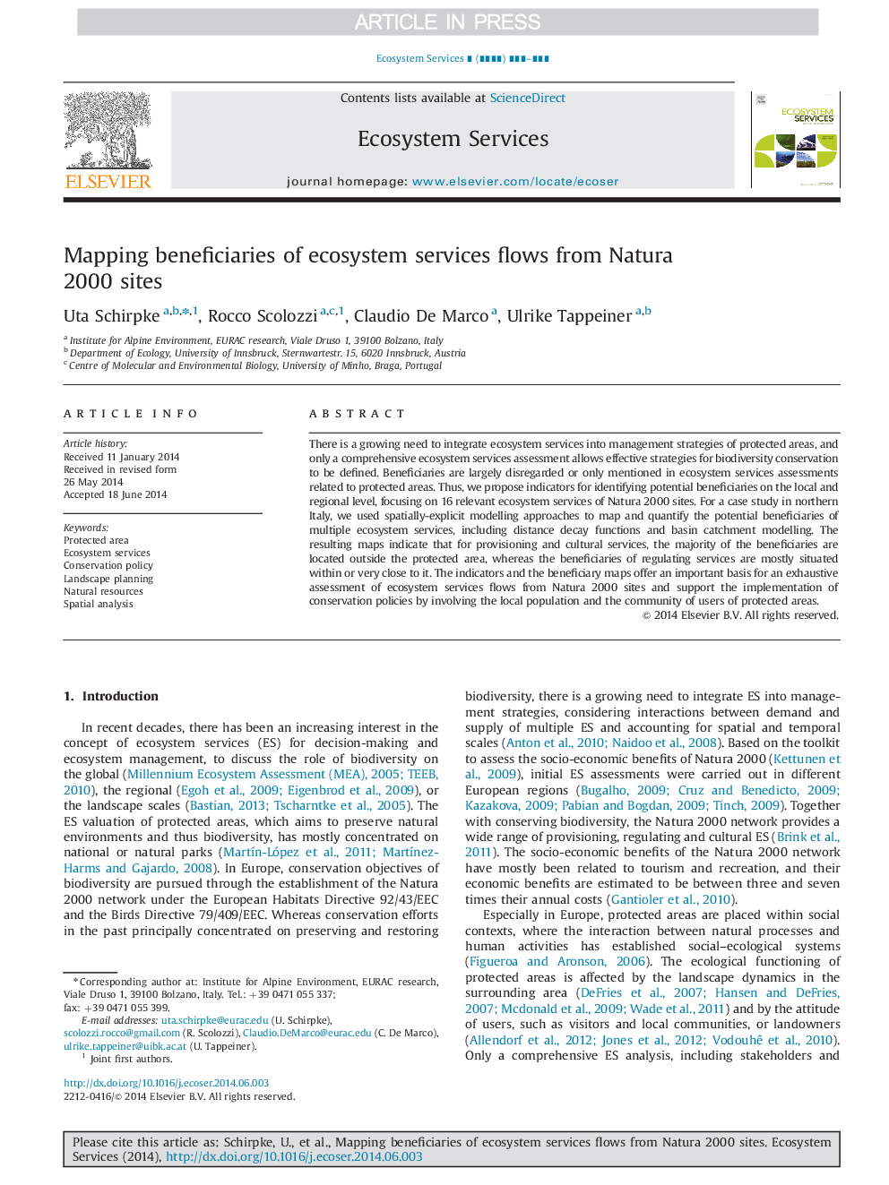 Mapping beneficiaries of ecosystem services flows from Natura 2000 sites