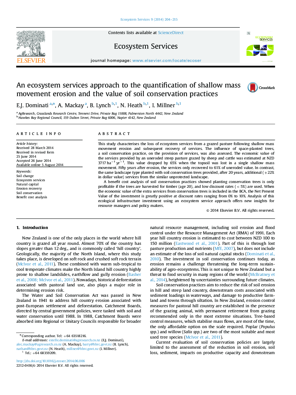 An ecosystem services approach to the quantification of shallow mass movement erosion and the value of soil conservation practices