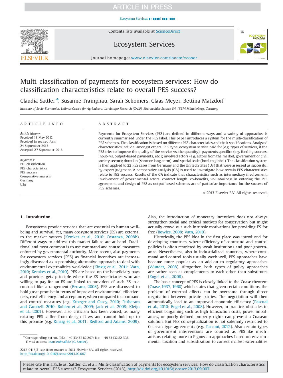 Multi-classification of payments for ecosystem services: How do classification characteristics relate to overall PES success?