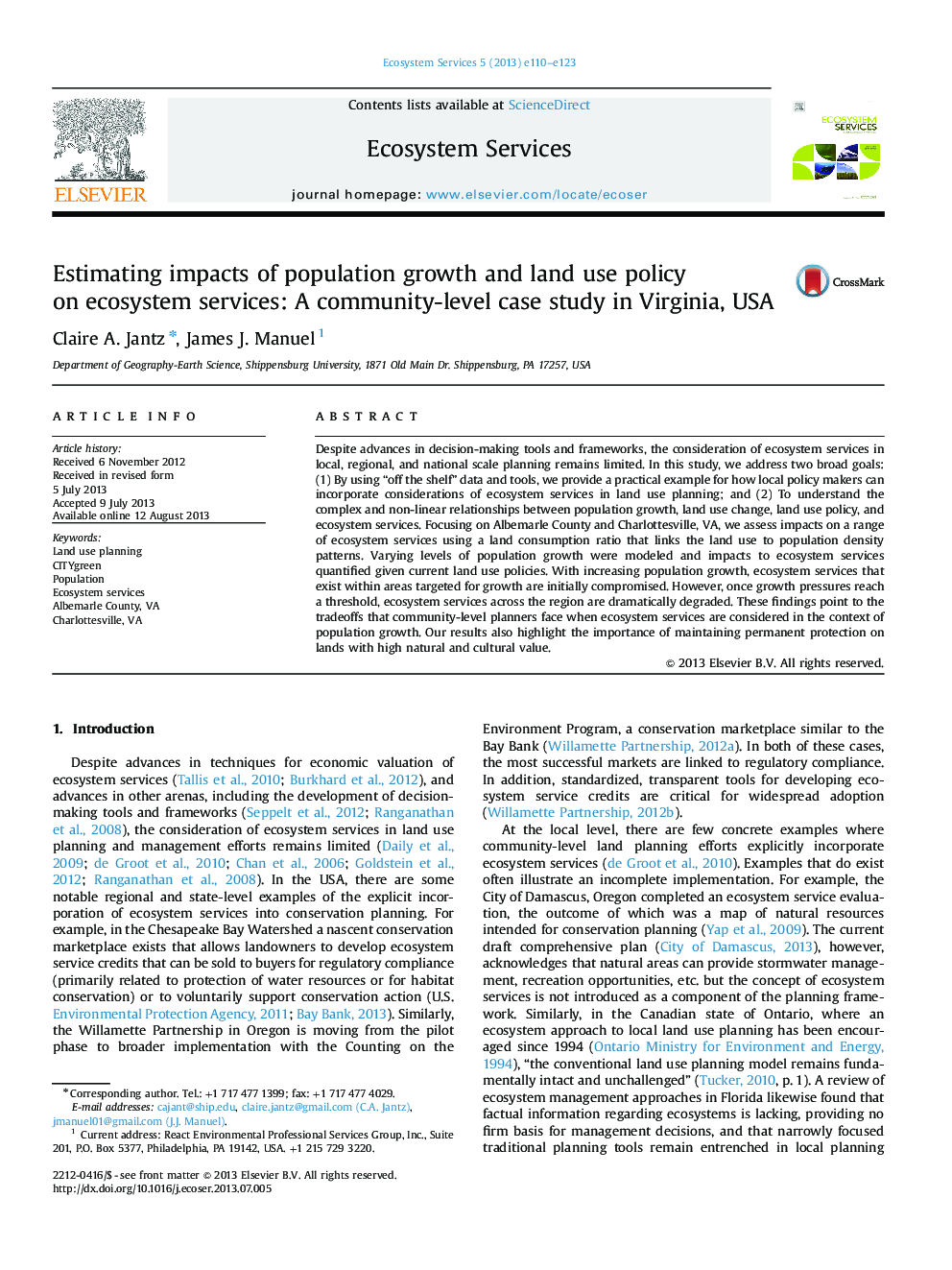 برآورد اثرات رشد جمعیت و سیاست استفاده از زمین در خدمات اکوسیستم: مطالعه موردی در سطح محلی در ویرجینیا، ایالات متحده آمریکا 