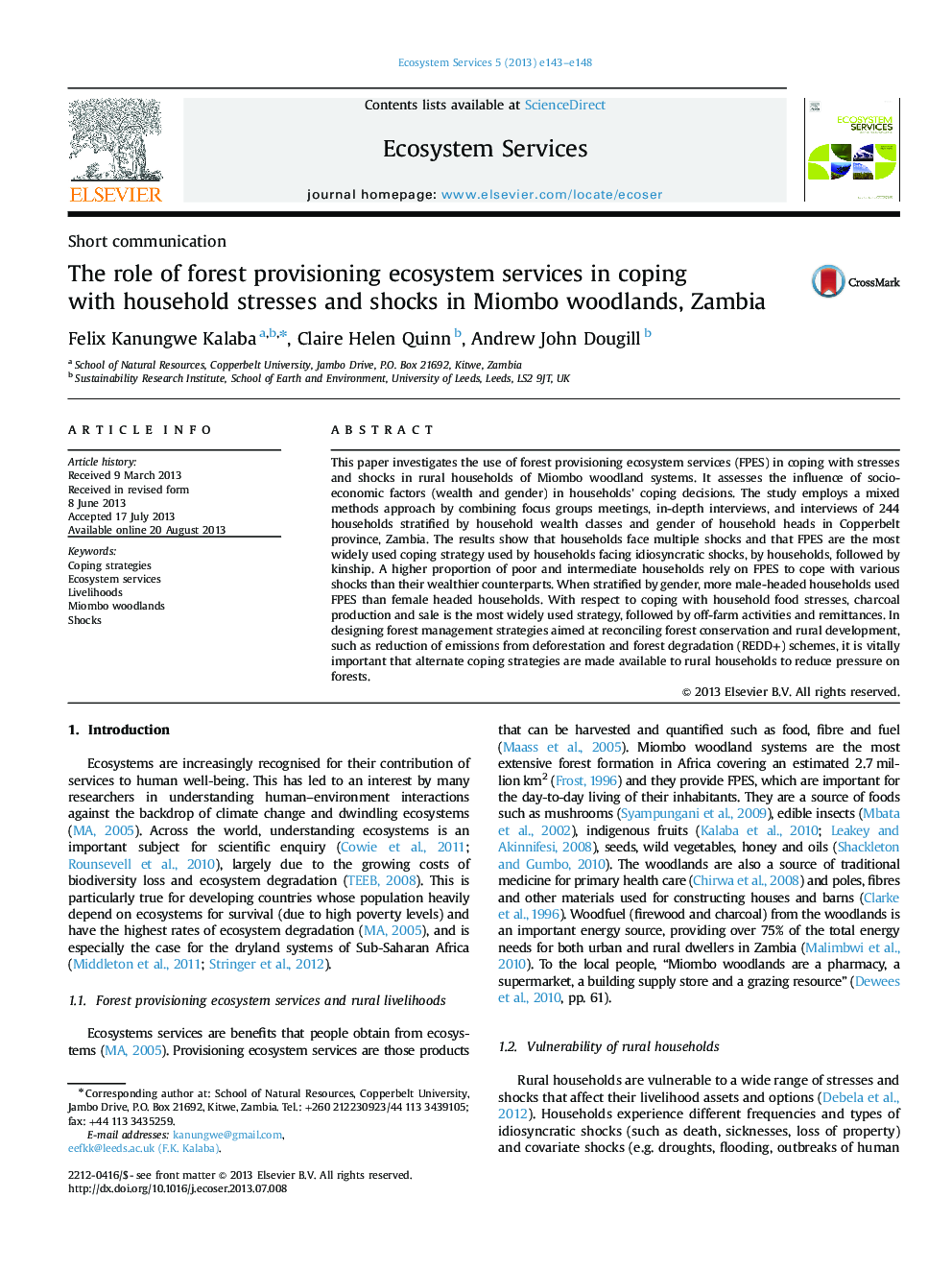 The role of forest provisioning ecosystem services in coping with household stresses and shocks in Miombo woodlands, Zambia