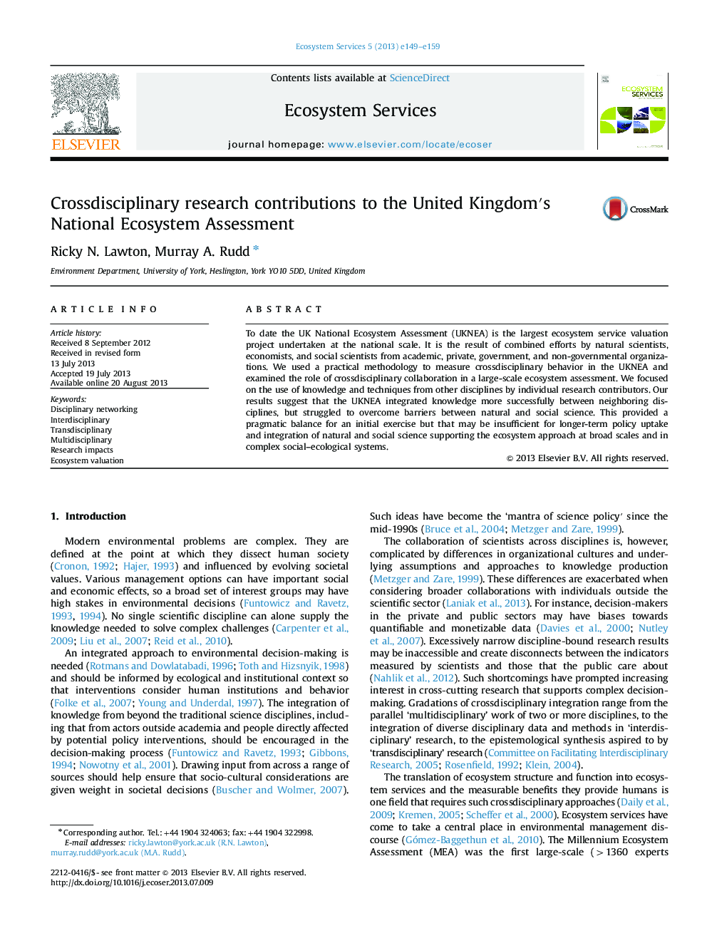 Crossdisciplinary research contributions to the United Kingdomâ²s National Ecosystem Assessment