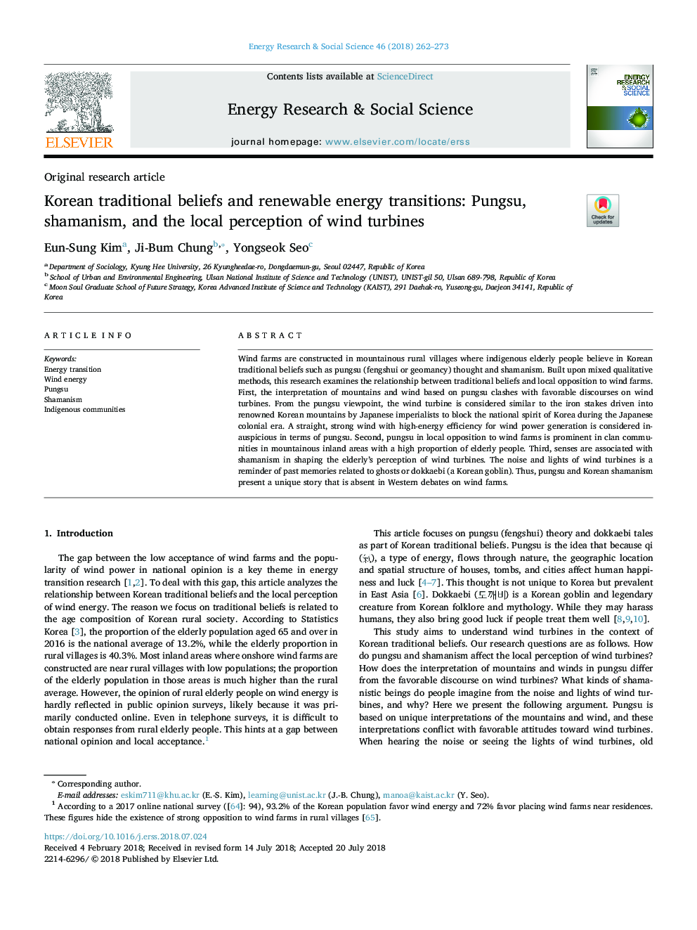 Korean traditional beliefs and renewable energy transitions: Pungsu, shamanism, and the local perception of wind turbines