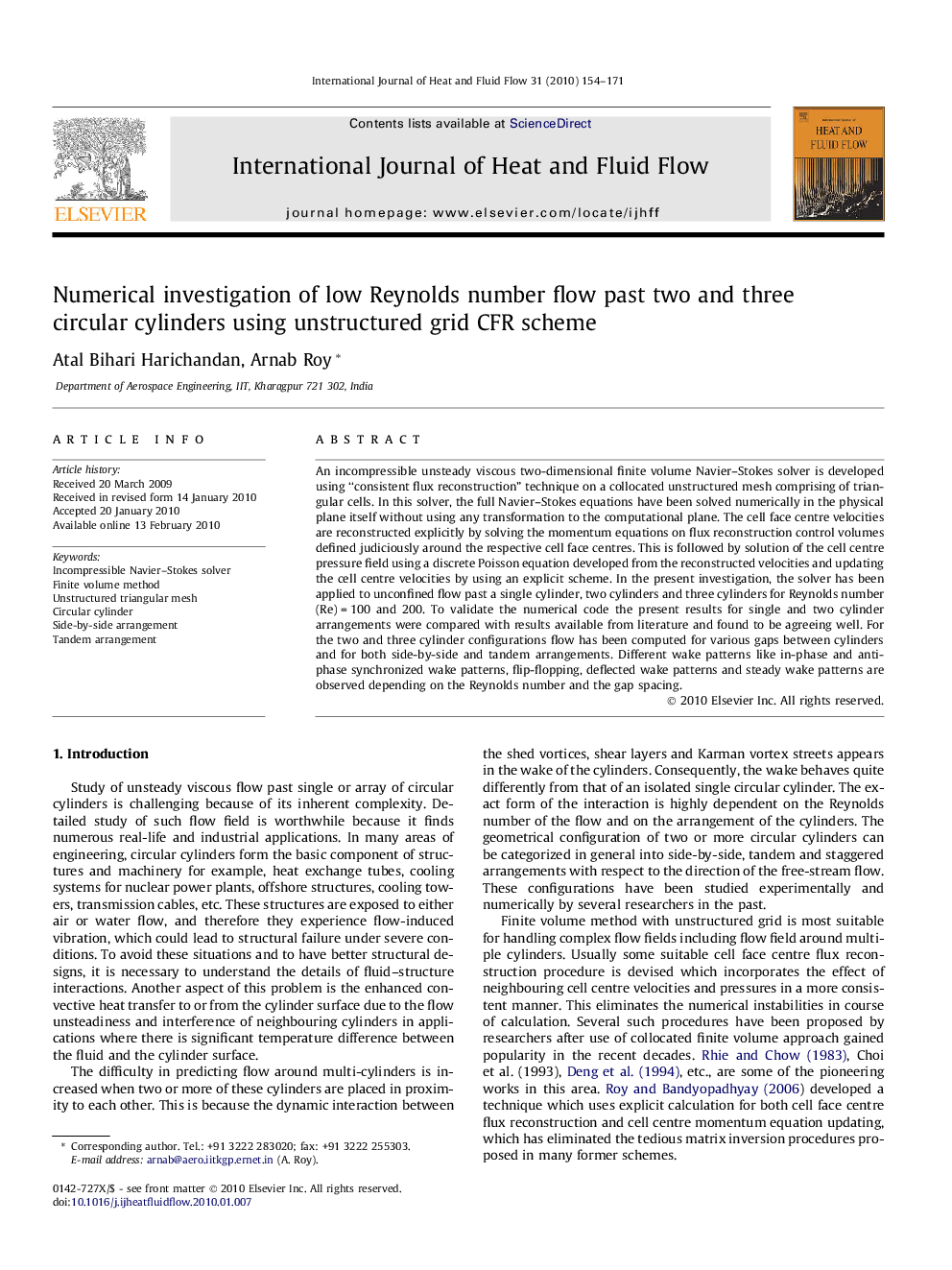 Numerical investigation of low Reynolds number flow past two and three circular cylinders using unstructured grid CFR scheme