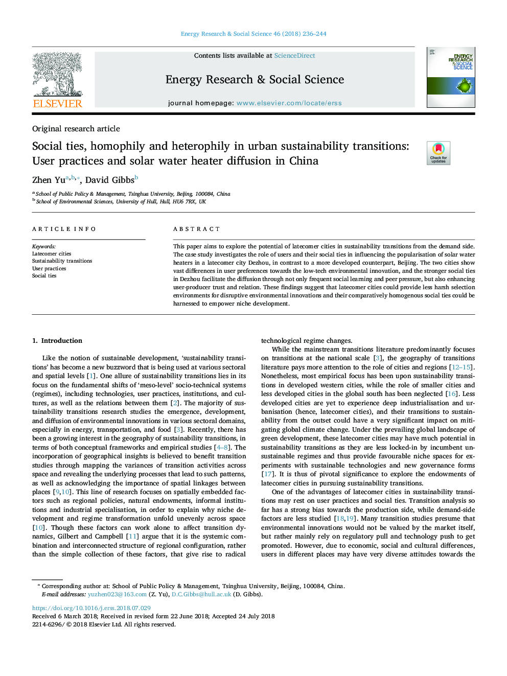 Social ties, homophily and heterophily in urban sustainability transitions: User practices and solar water heater diffusion in China