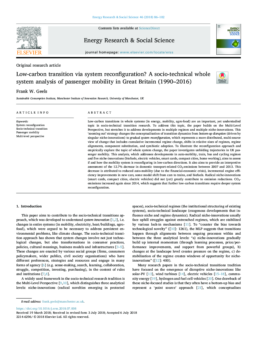 Low-carbon transition via system reconfiguration? A socio-technical whole system analysis of passenger mobility in Great Britain (1990-2016)