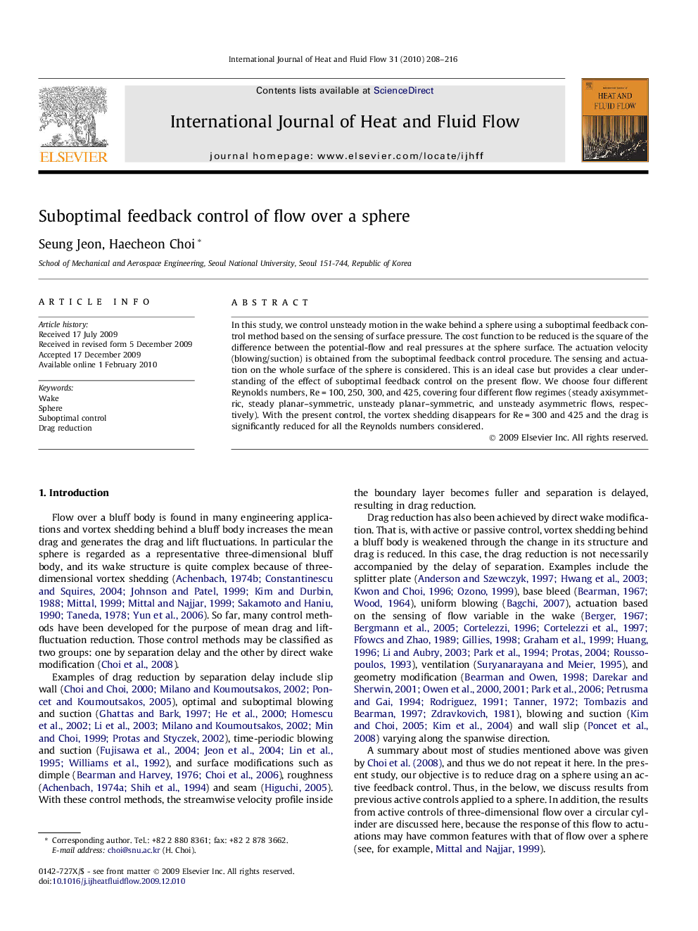 Suboptimal feedback control of flow over a sphere