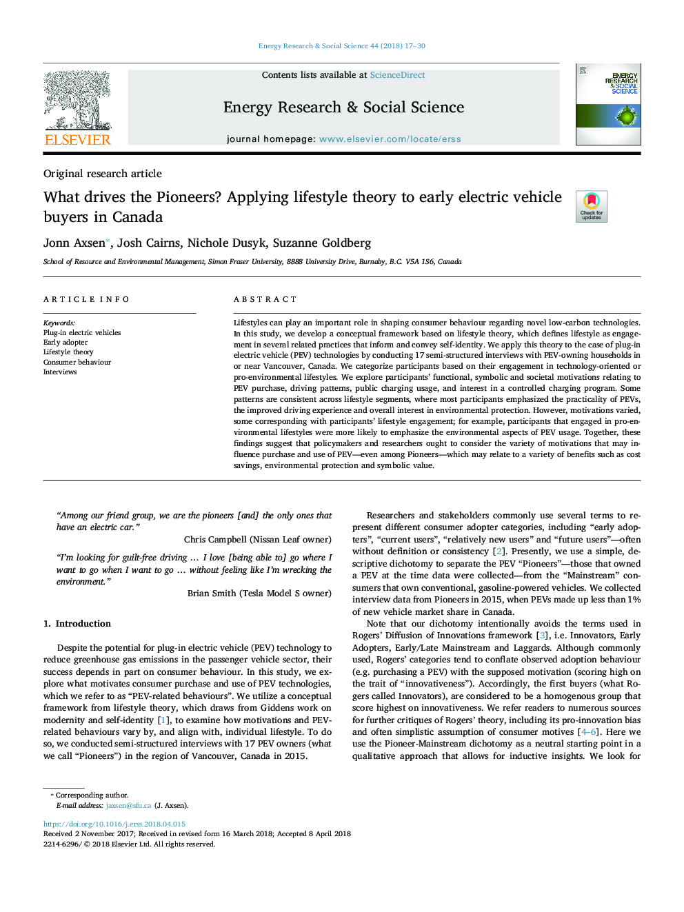 What drives the Pioneers? Applying lifestyle theory to early electric vehicle buyers in Canada