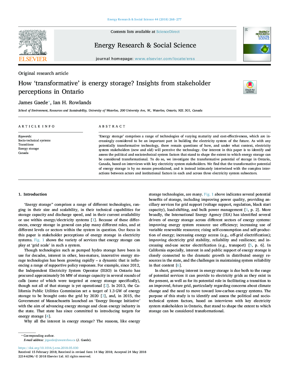 How 'transformative' is energy storage? Insights from stakeholder perceptions in Ontario