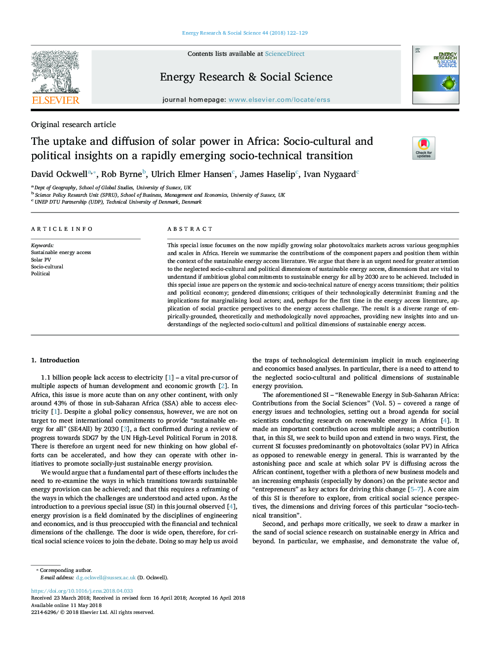جذب و انتشار انرژی خورشیدی در آفریقا: بینش اجتماعی-فرهنگی و سیاسی در مورد انتقال سریع اجتماعی و تکنیکی 