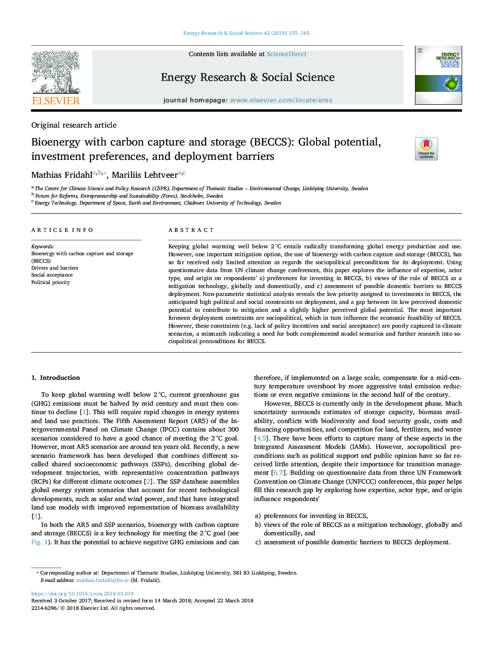 Bioenergy with carbon capture and storage (BECCS): Global potential, investment preferences, and deployment barriers