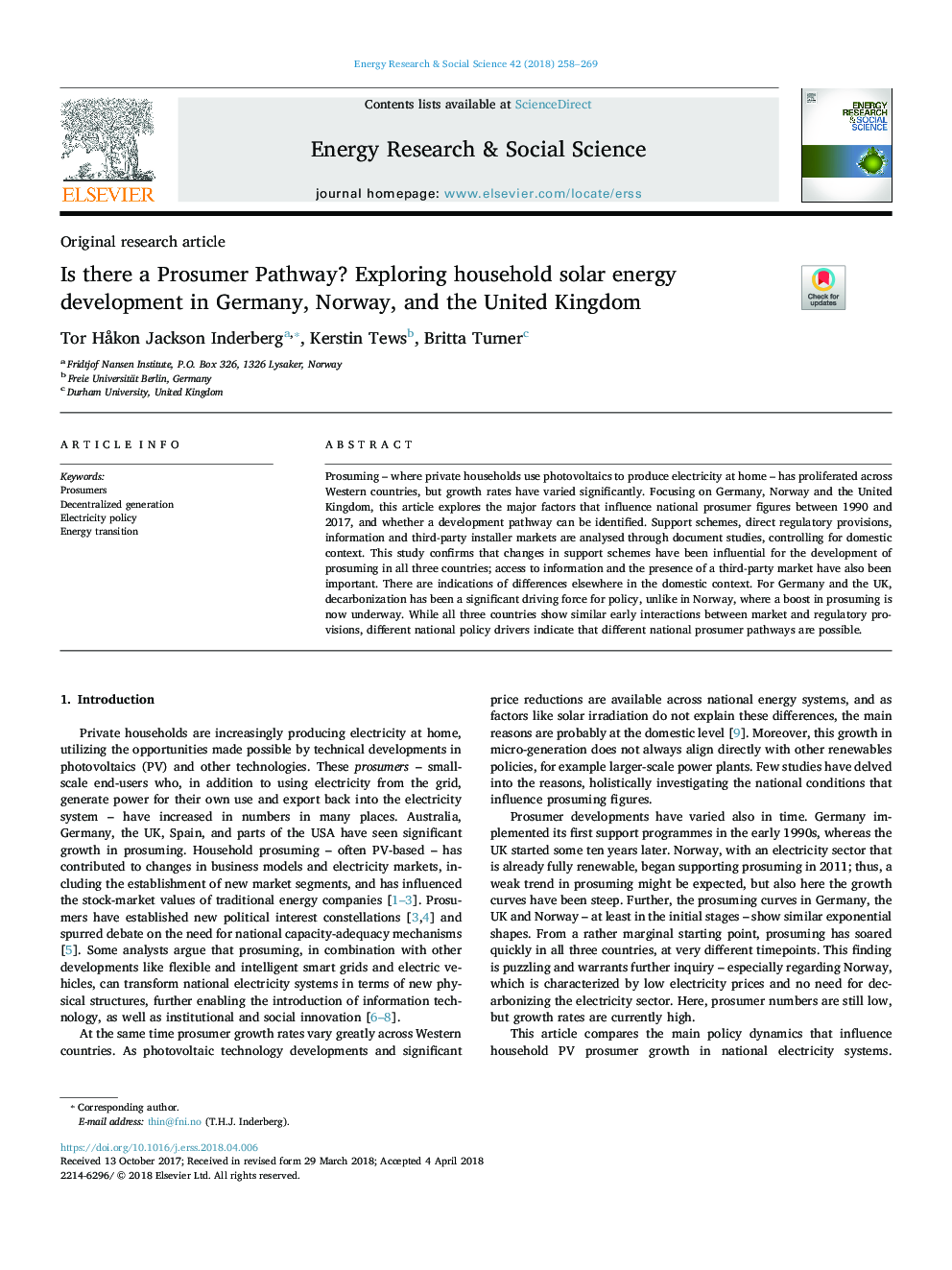 Is there a Prosumer Pathway? Exploring household solar energy development in Germany, Norway, and the United Kingdom