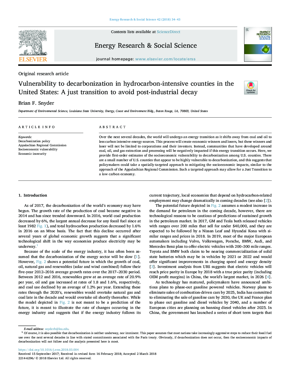 Vulnerability to decarbonization in hydrocarbon-intensive counties in the United States: A just transition to avoid post-industrial decay