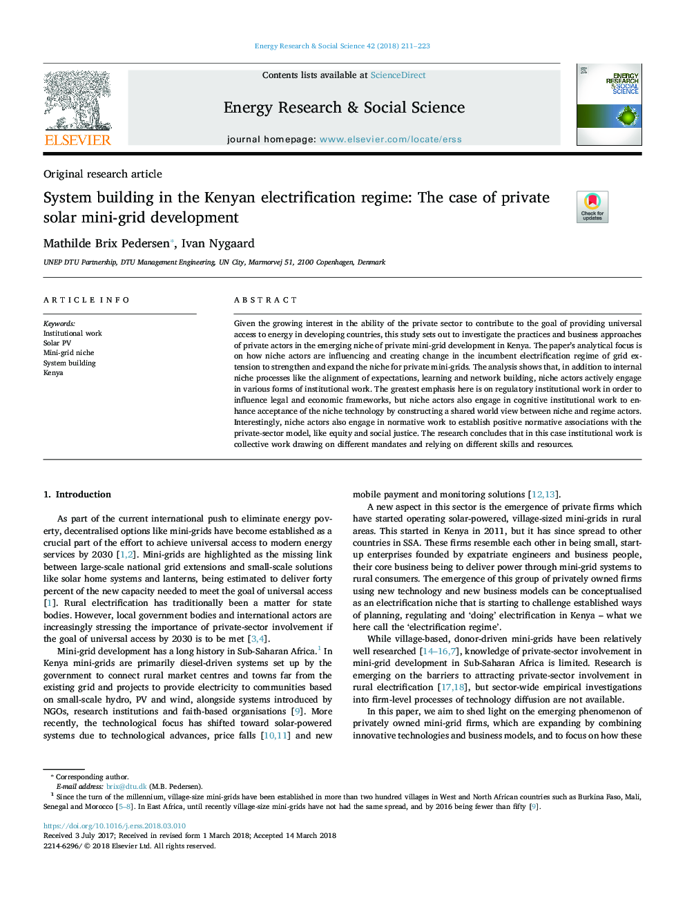 System building in the Kenyan electrification regime: The case of private solar mini-grid development