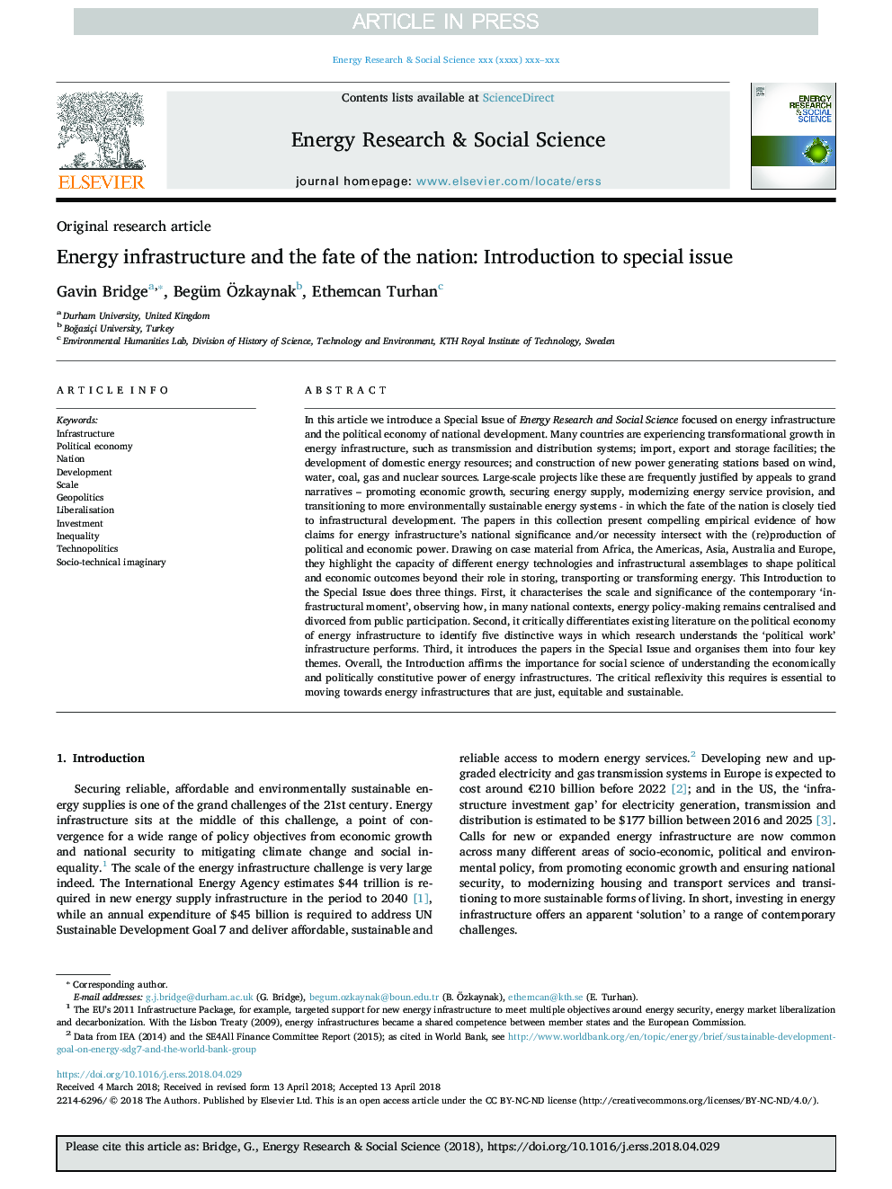 Energy infrastructure and the fate of the nation: Introduction to special issue