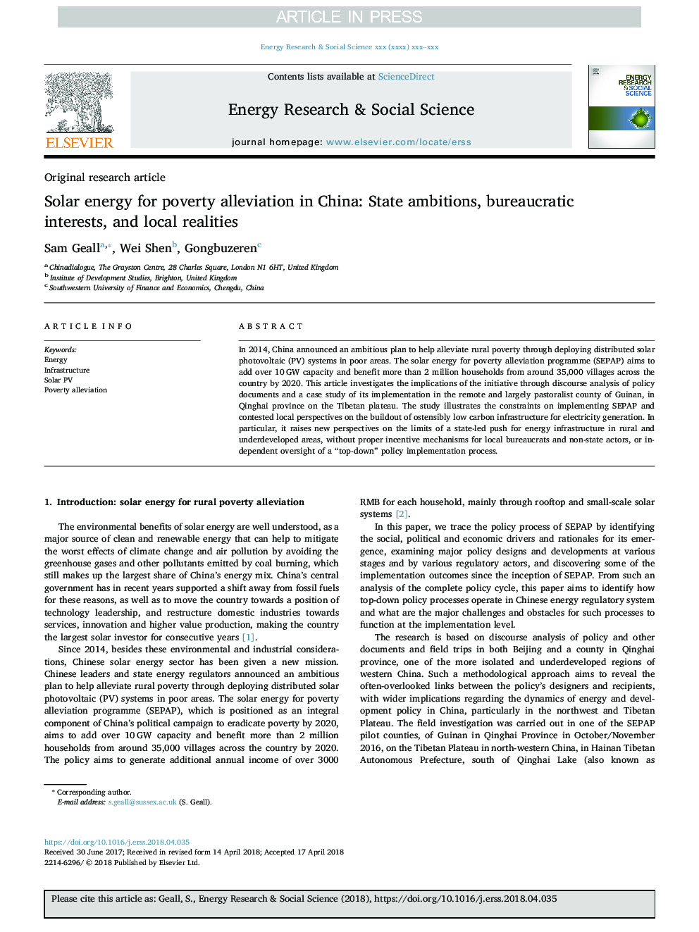 Solar energy for poverty alleviation in China: State ambitions, bureaucratic interests, and local realities