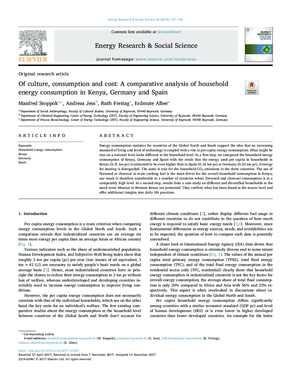 Of culture, consumption and cost: A comparative analysis of household energy consumption in Kenya, Germany and Spain