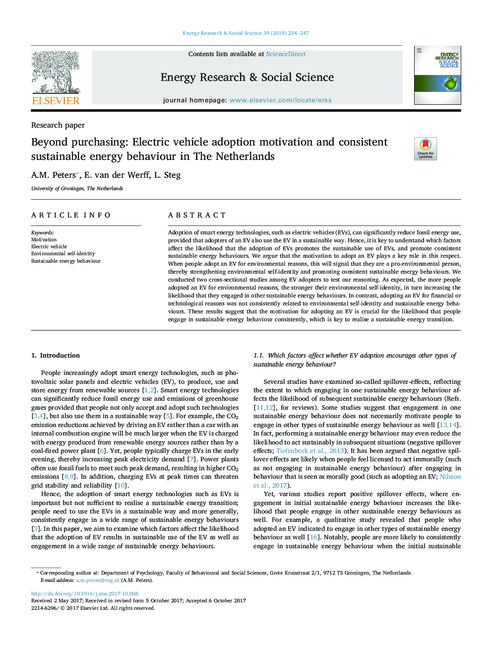 Beyond purchasing: Electric vehicle adoption motivation and consistent sustainable energy behaviour in The Netherlands