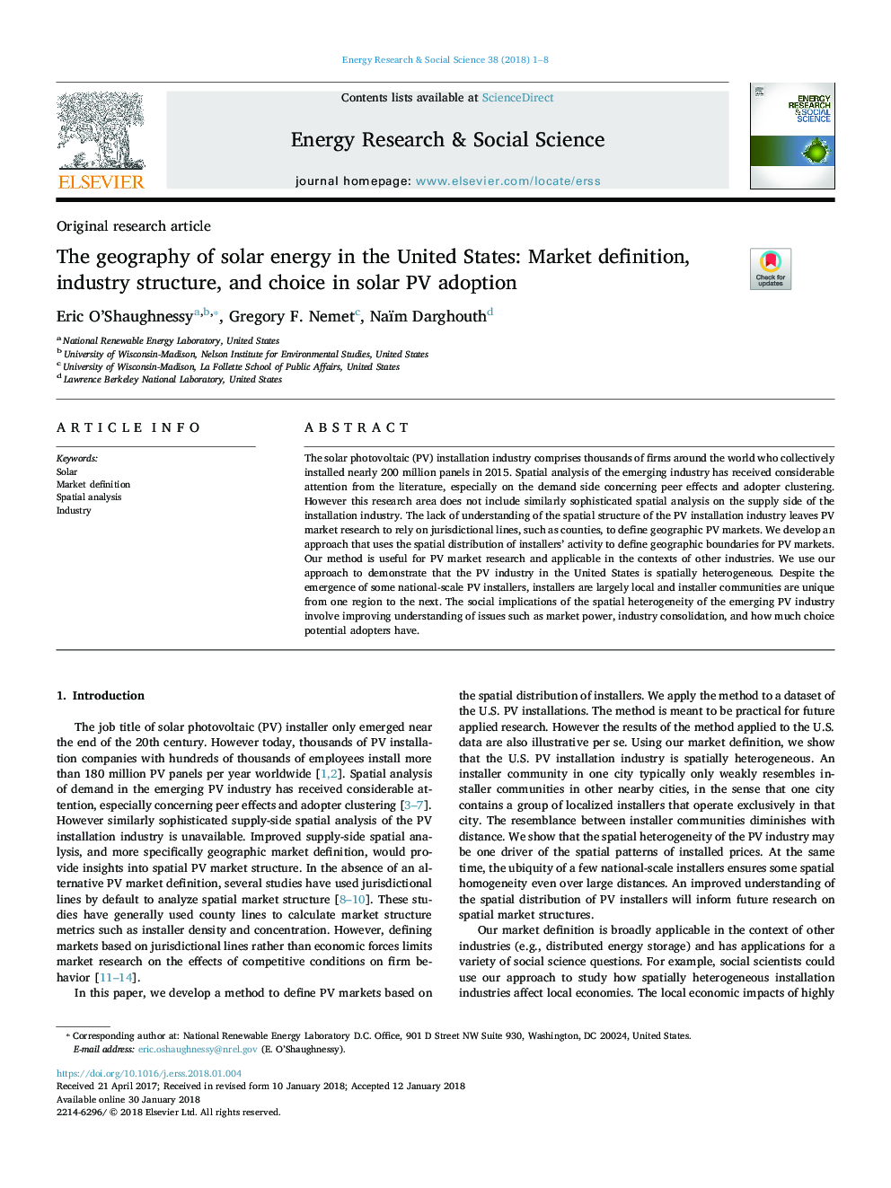 The geography of solar energy in the United States: Market definition, industry structure, and choice in solar PV adoption