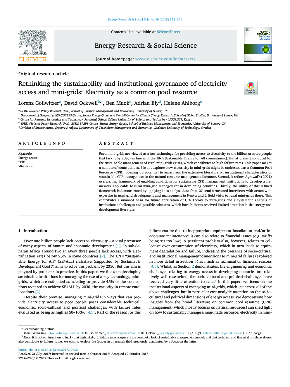 Rethinking the sustainability and institutional governance of electricity access and mini-grids: Electricity as a common pool resource