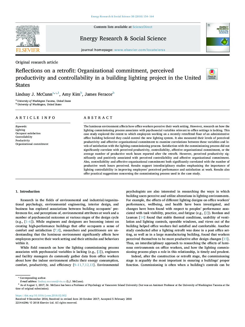 Reflections on a retrofit: Organizational commitment, perceived productivity and controllability in a building lighting project in the United States