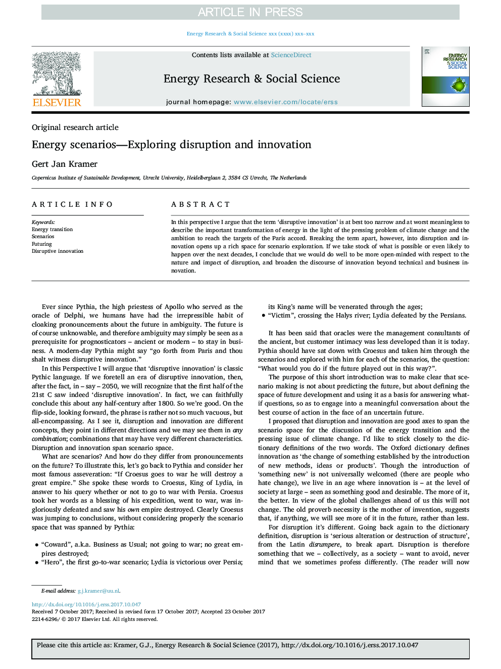 Energy scenarios-Exploring disruption and innovation