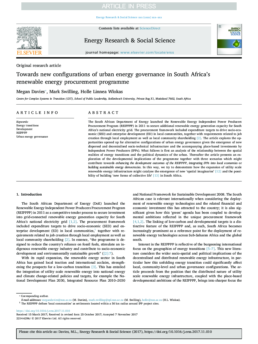 Towards new configurations of urban energy governance in South Africa's Renewable Energy Procurement Programme