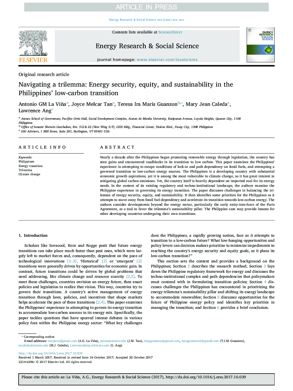 Navigating a trilemma: Energy security, equity, and sustainability in the Philippines' low-carbon transition