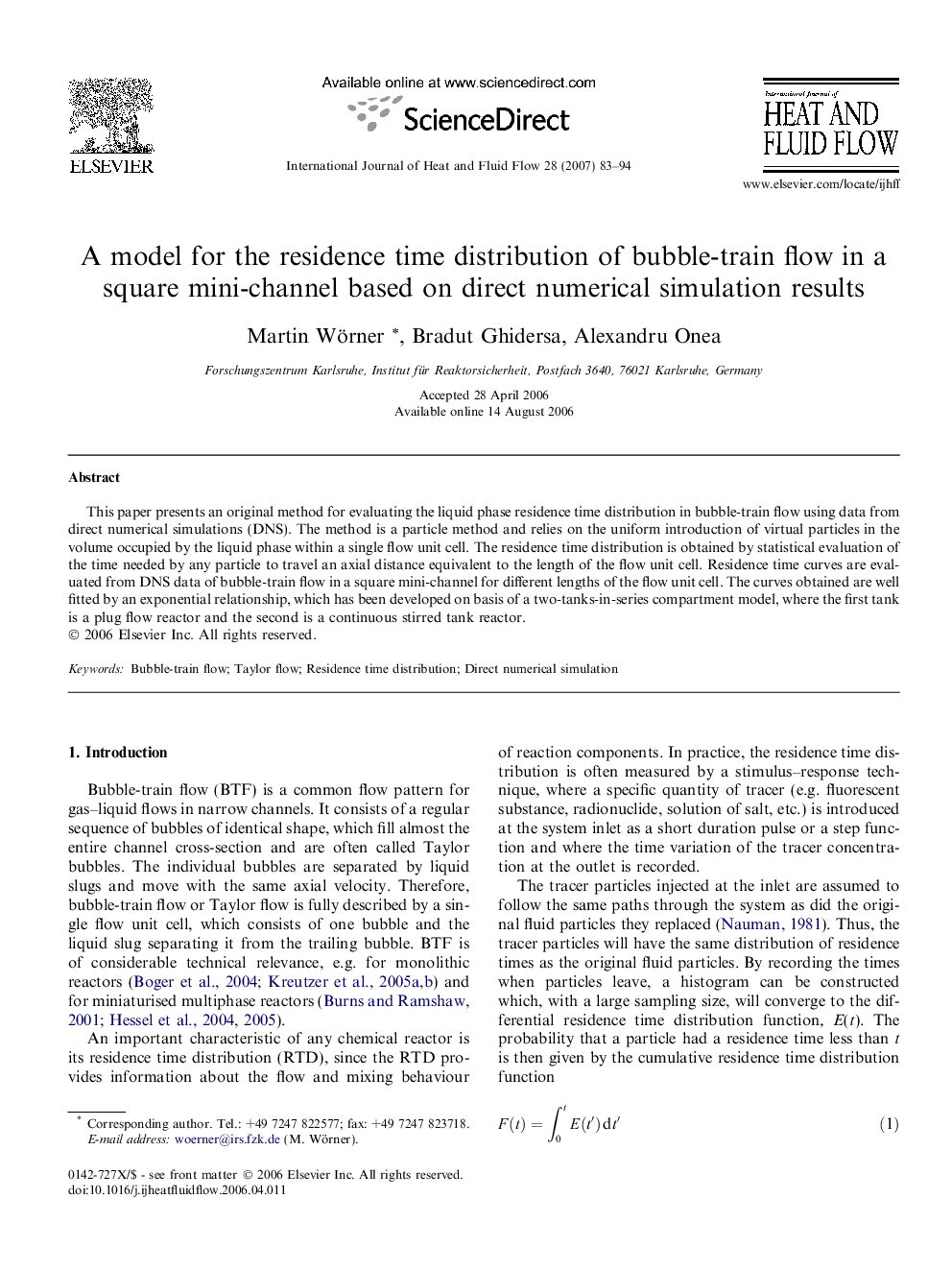 A model for the residence time distribution of bubble-train flow in a square mini-channel based on direct numerical simulation results