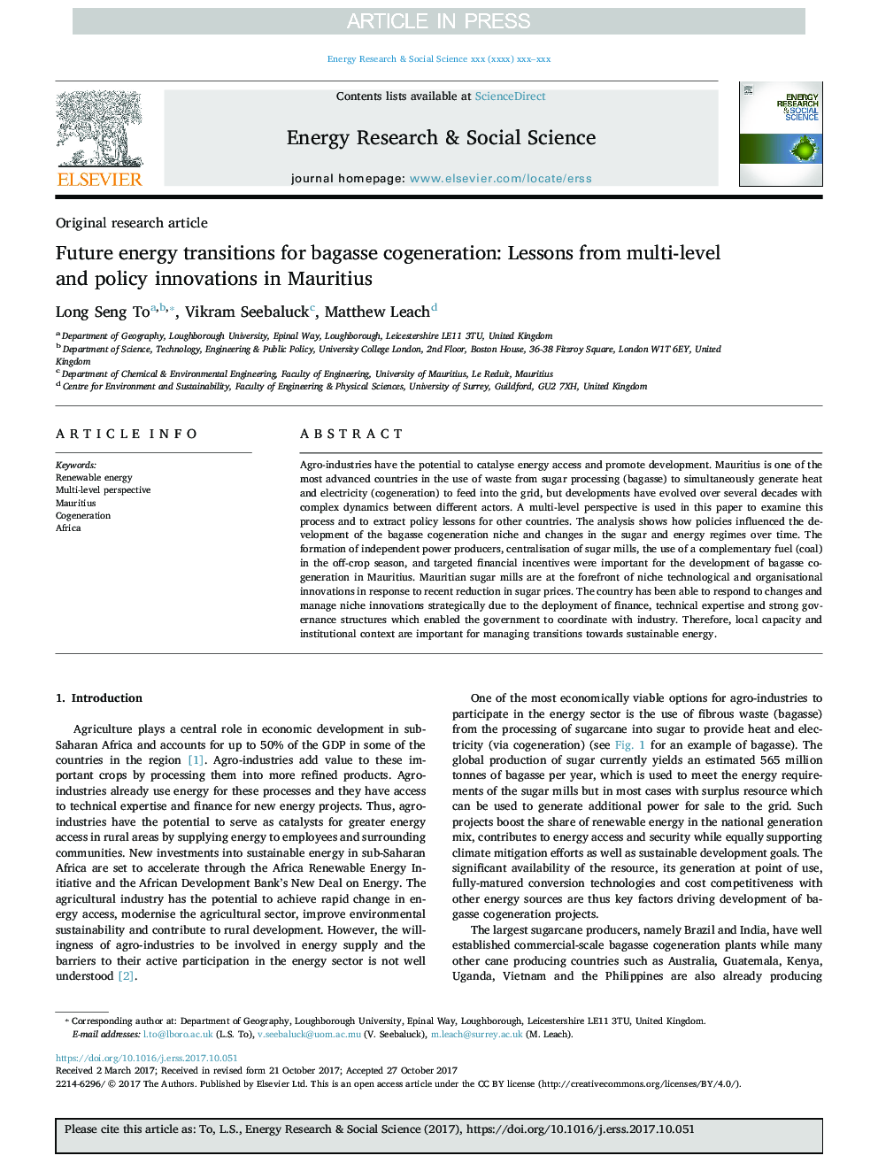 Future energy transitions for bagasse cogeneration: Lessons from multi-level and policy innovations in Mauritius