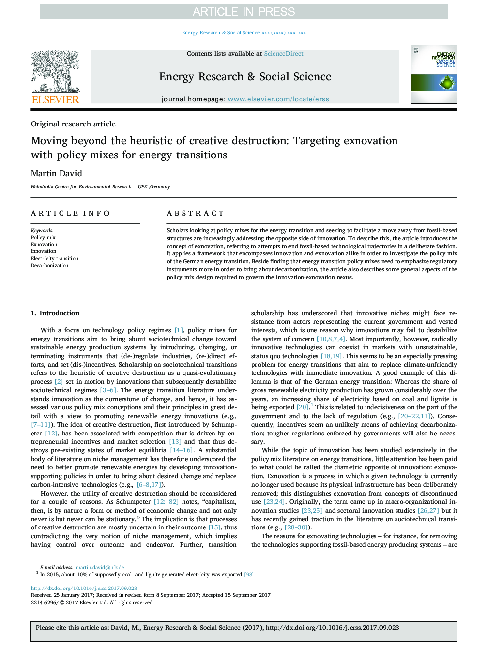 Moving beyond the heuristic of creative destruction: Targeting exnovation with policy mixes for energy transitions