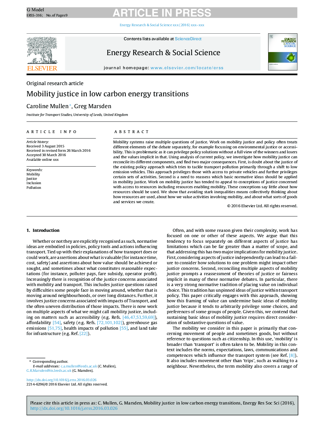 Mobility justice in low carbon energy transitions