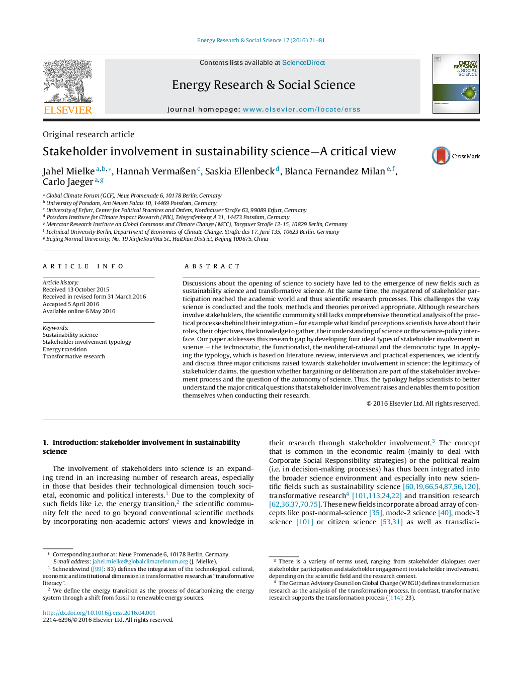 Stakeholder involvement in sustainability science-A critical view