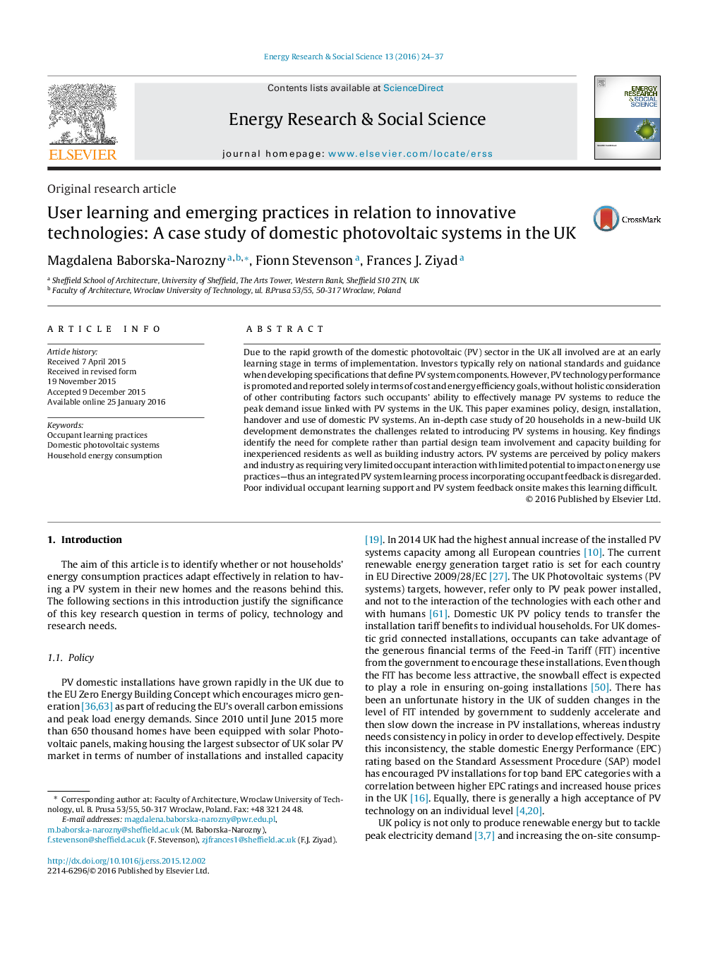 User learning and emerging practices in relation to innovative technologies: A case study of domestic photovoltaic systems in the UK